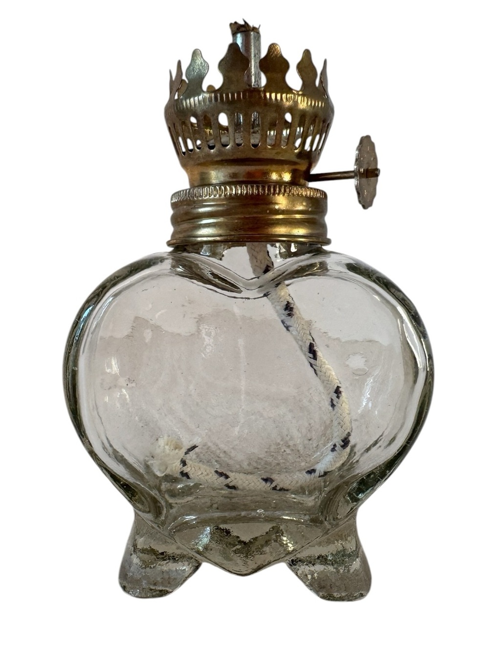 Vintage Miniature Glass Oil Lamp 4.25” Brass Tone Burner Footed Kerosene Lamp